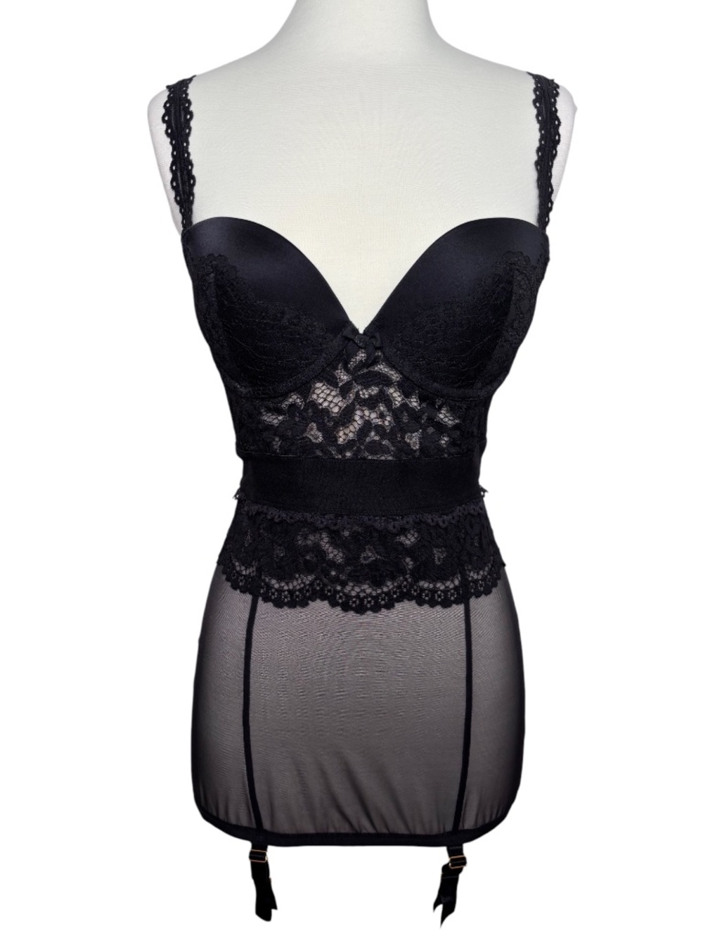 Victoria's Secret Black Lace Mesh Goth Garter Straps Push Up Lingerie 34D